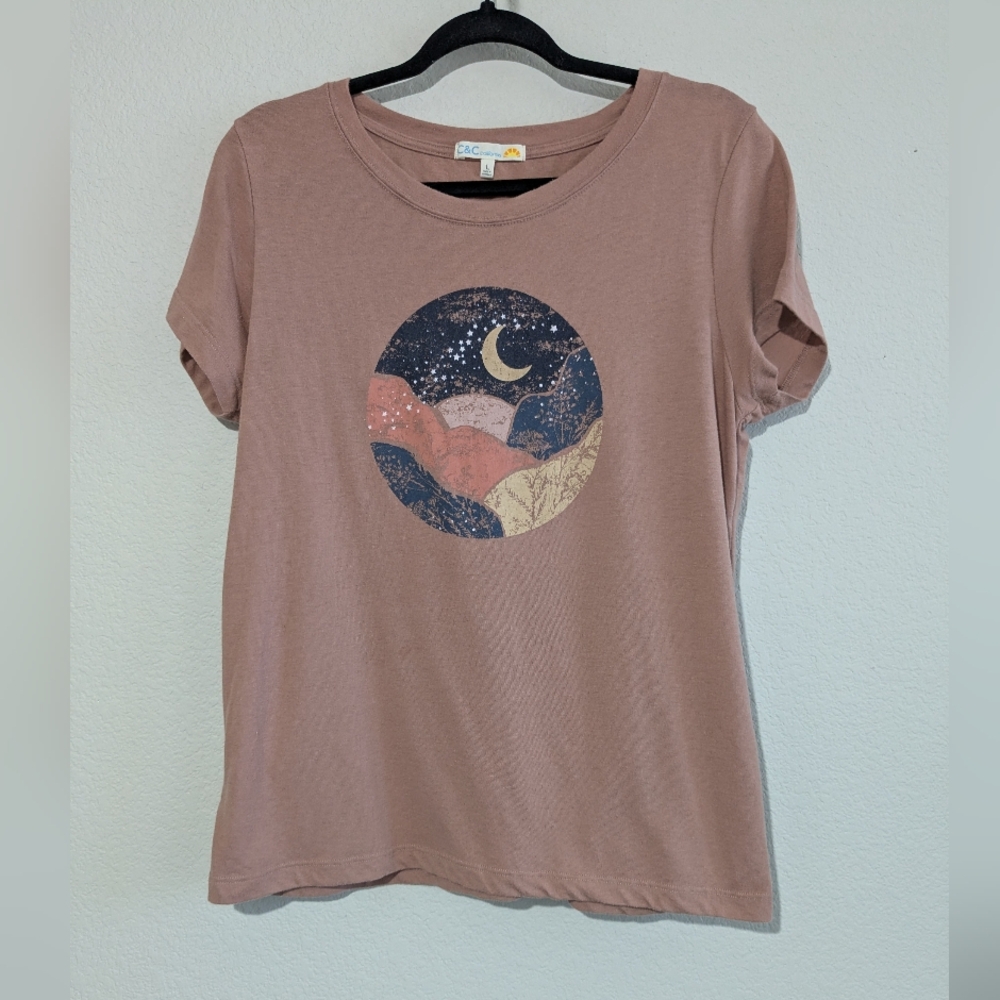 C&C California Brown Taupe Graphic Tee with Celestial Mountain Design L